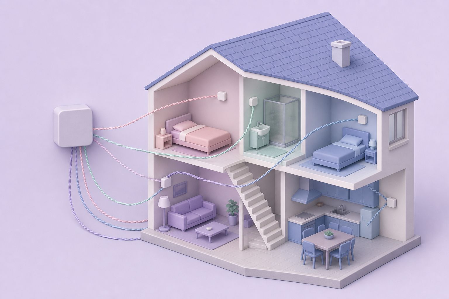 Cutaway illustration of a two-storey house with separate sensor cables from each room gathered at one wall box (AI-generated image)