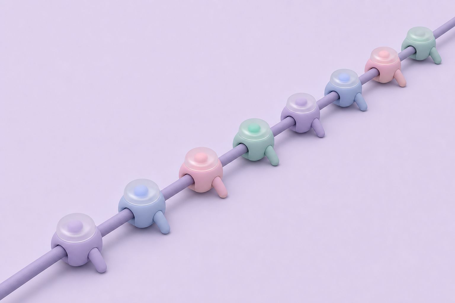 Isometric illustration of sensor nodes clipped in a line along a single cable, a daisy-chain layout (AI-generated image)