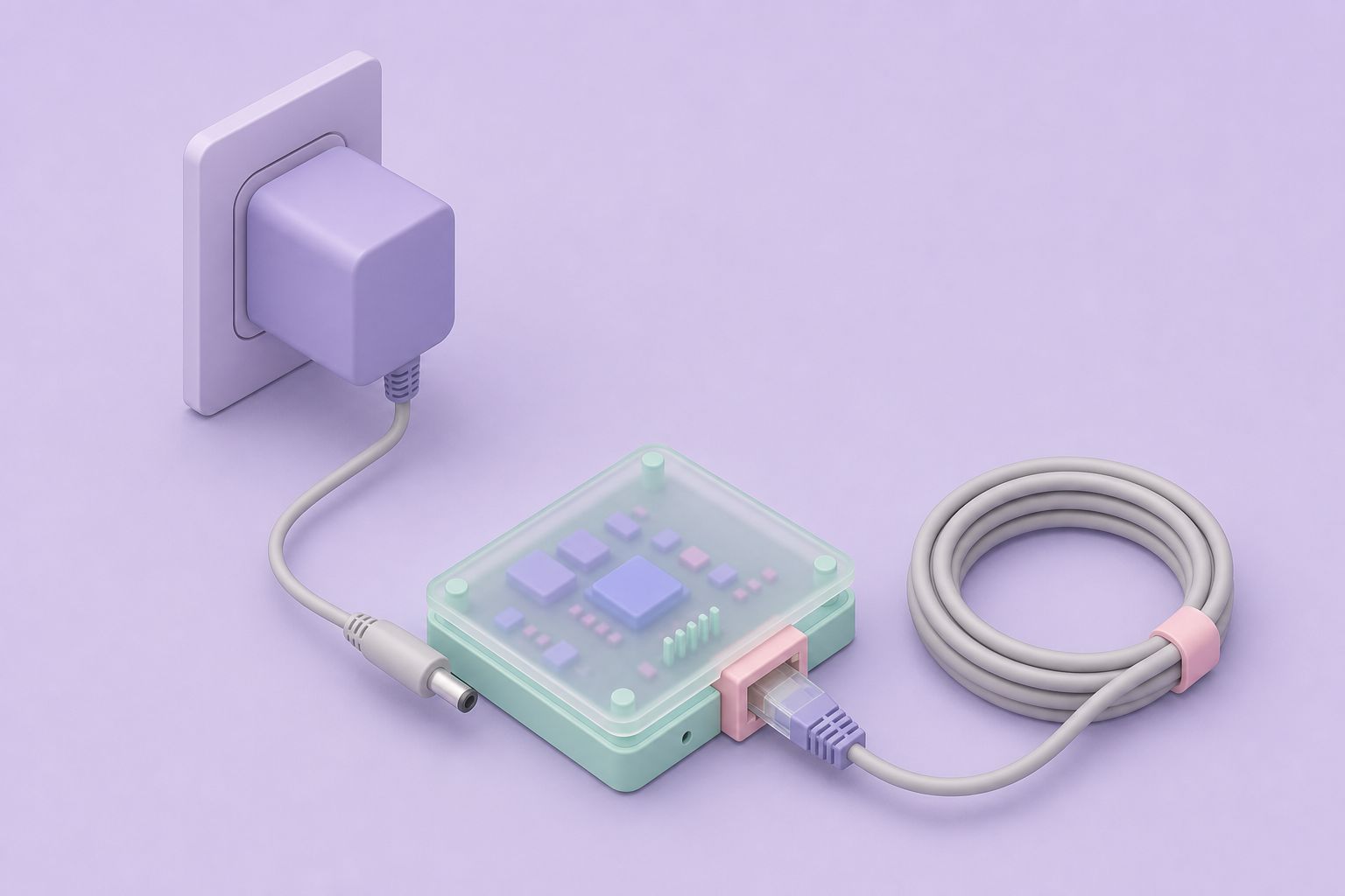 Isometric illustration of a plug-in wall adapter feeding a small interface board in a clear case, with a coil of grey network cable (AI-generated image)