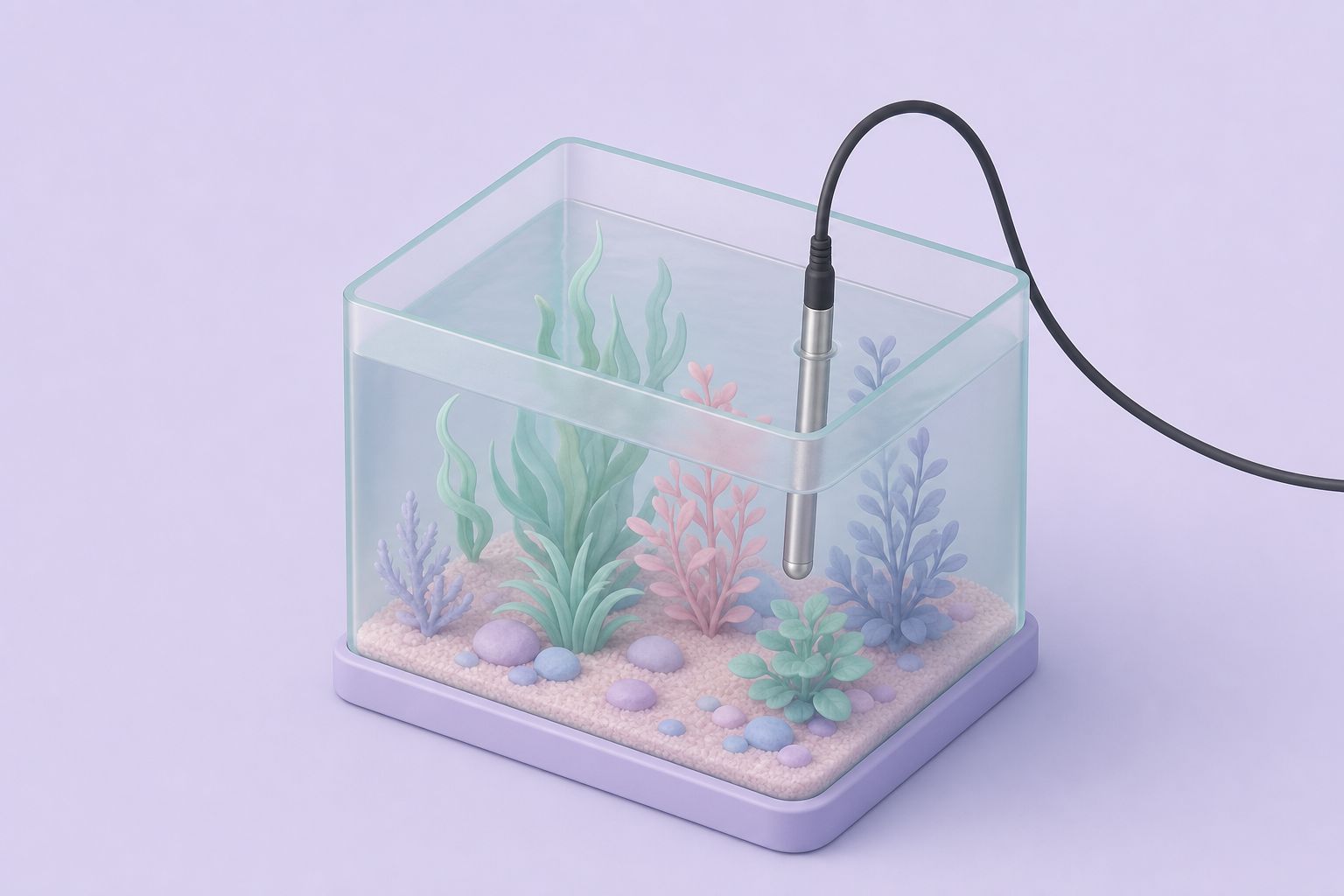 Isometric illustration of a stainless steel temperature probe dipped into a planted aquarium (AI-generated image)