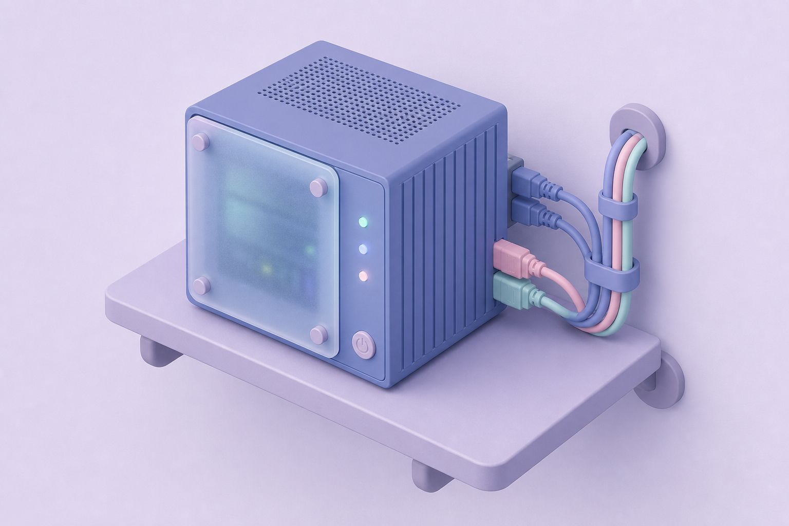 Isometric illustration of a small home server on a wall shelf with neatly bundled cables (AI-generated image)