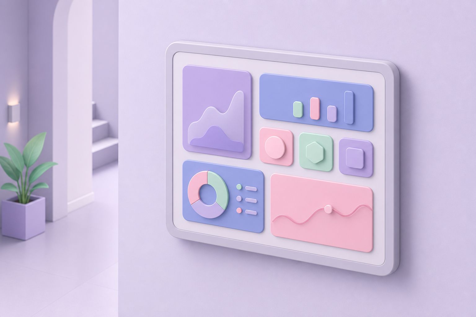 Isometric illustration of a wall-mounted tablet showing a home automation dashboard with charts (AI-generated image)
