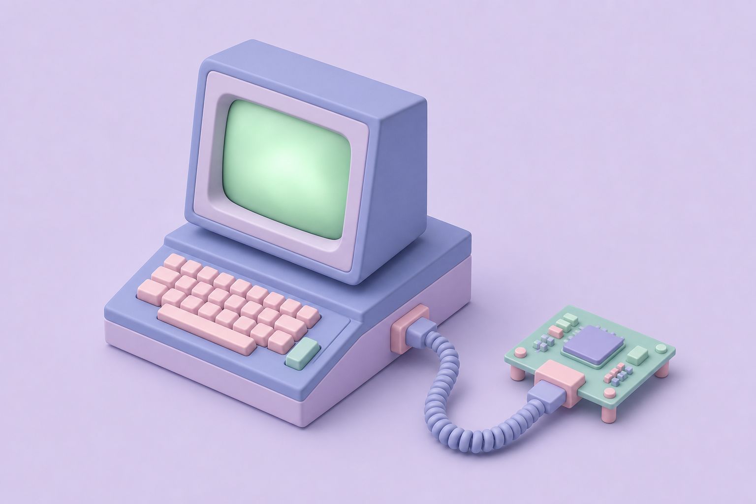 Isometric illustration of a vintage computer terminal connected by a coiled cable to an interface board (AI-generated image)