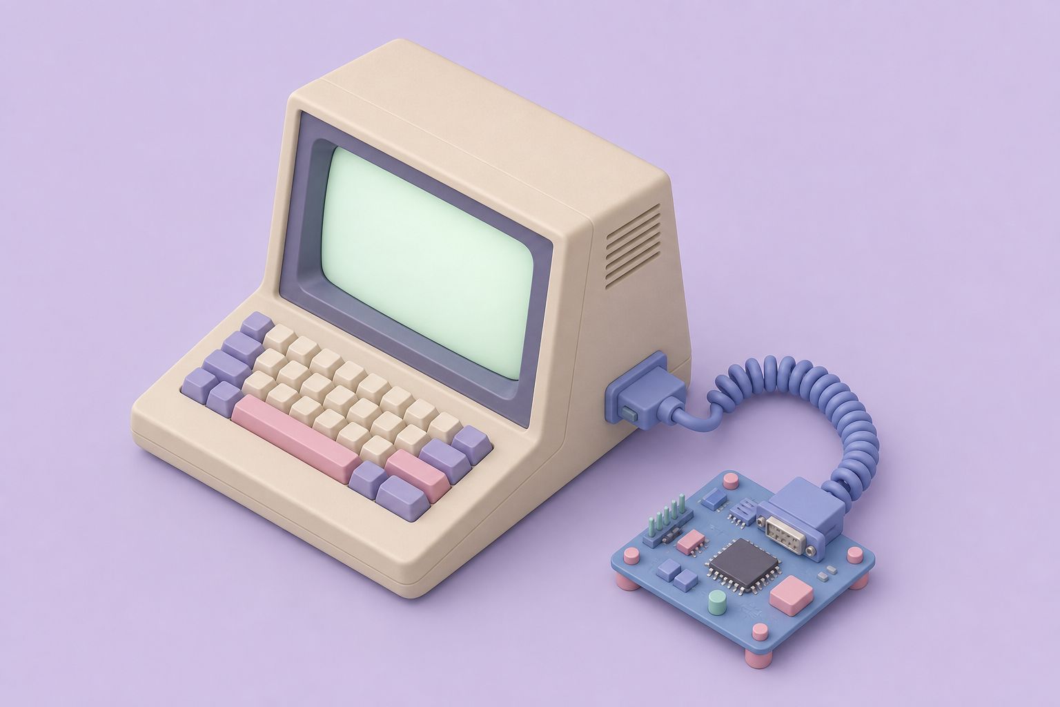 Isometric illustration of a beige retro computer with a green screen, cabled to a small circuit board (AI-generated image)