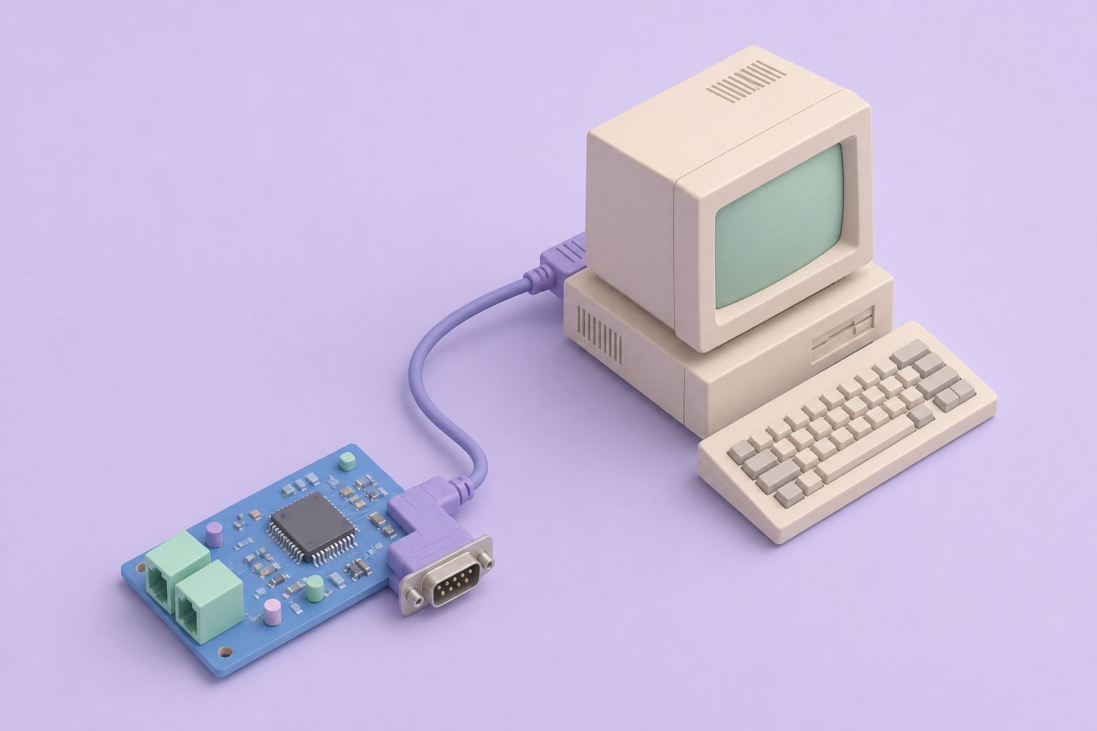 Isometric illustration of an interface board connected by a serial cable to a beige desktop PC (AI-generated image)