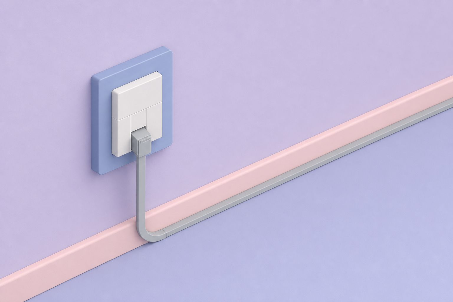 Isometric illustration of a modular wall jack with a cable running down into a skirting-board channel (AI-generated image)