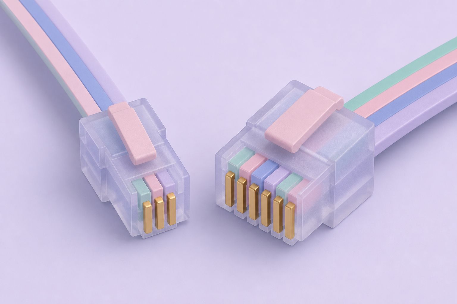 Close-up illustration of a narrower RJ11 modular plug beside a wider RJ12 plug with more gold contacts (AI-generated image)