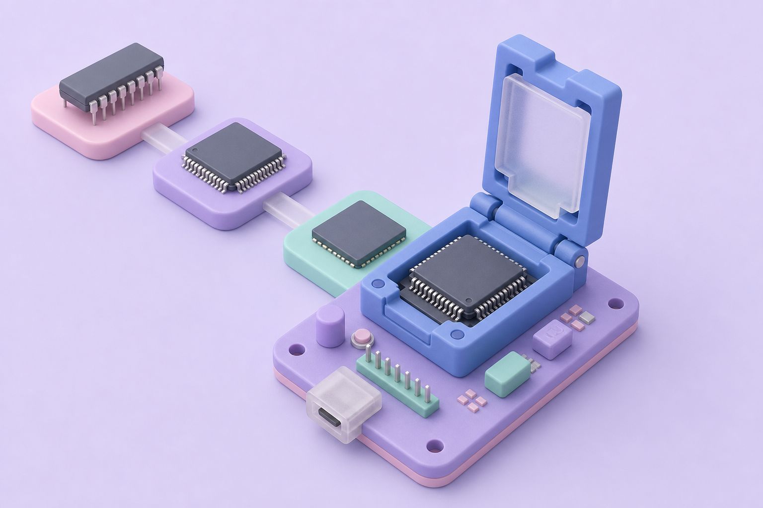 Isometric illustration of a chip being programmed in an open socket, with other chips queued beside it (AI-generated image)