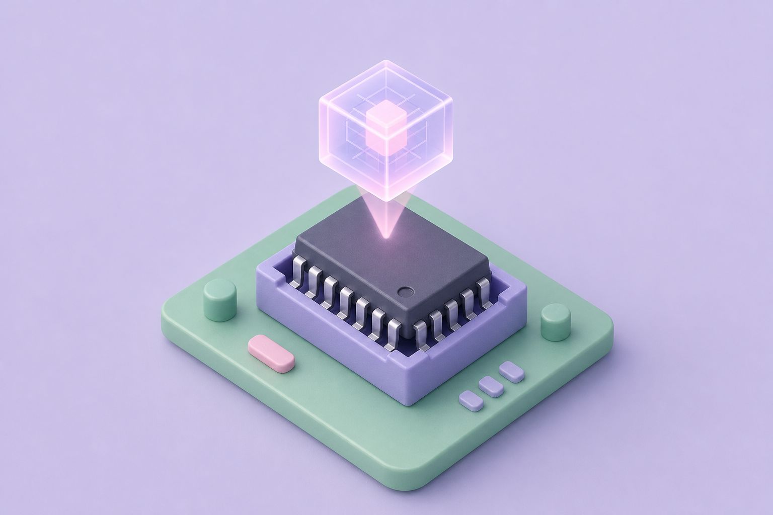 Isometric illustration of a chip in a socket with a glowing translucent cube above it, suggesting stored settings (AI-generated image)